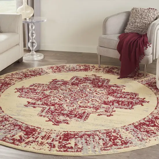 8' Cream Round Damask Power Loom Area Rug Photo 6