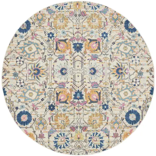 8' Cream Round Floral Power Loom Area Rug Photo 1