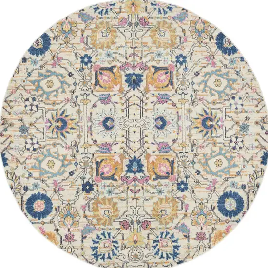 8' Cream Round Floral Power Loom Area Rug Photo 9