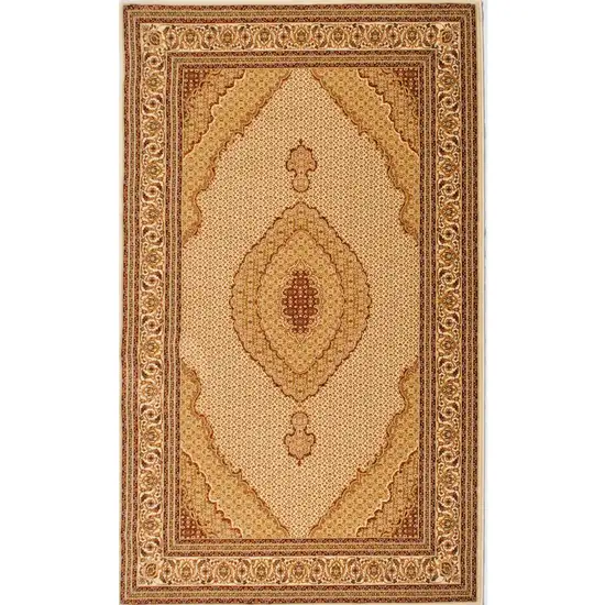 5' Cream Round Oriental Power Loom Stain Resistant Area Rug Photo 5