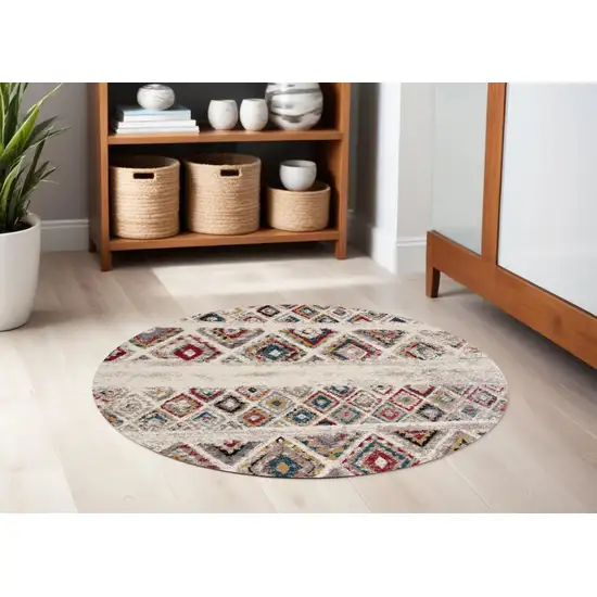 5' Cream Round Southwestern Power Loom Area Rug Photo 1