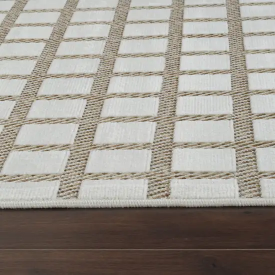 10' Cream and Beige Geometric Distressed Indoor Outdoor Runner Rug Photo 5