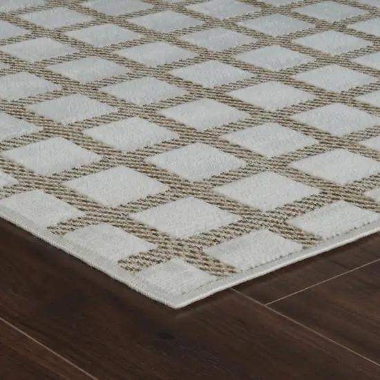 8' Cream and Beige Geometric Distressed Indoor Outdoor Runner Rug Photo 7