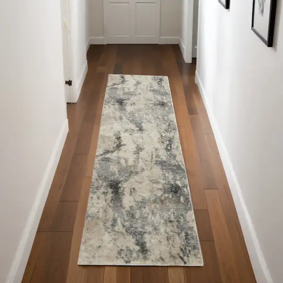 8' Cream and Gray Abstract Distressed Runner Rug Photo 1