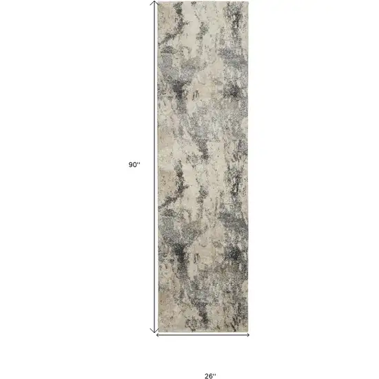 8' Cream and Gray Abstract Distressed Runner Rug Photo 3