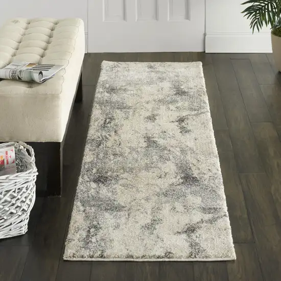 8' Cream and Gray Abstract Distressed Runner Rug Photo 6