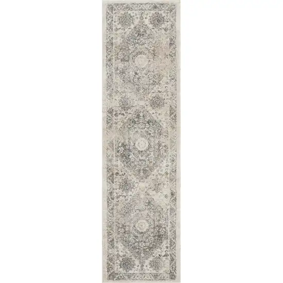 8' Cream and Gray Floral Distressed Runner Rug Photo 2