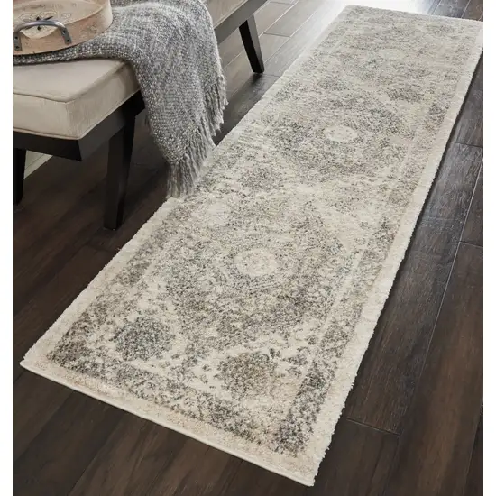 8' Cream and Gray Floral Distressed Runner Rug Photo 7