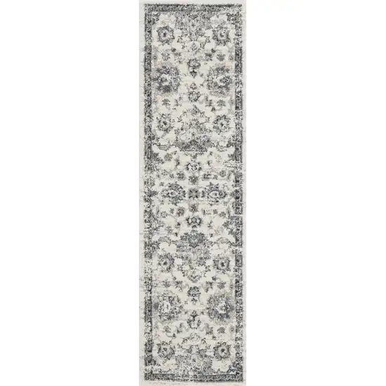 8' Cream and Gray Floral Distressed Runner Rug Photo 2