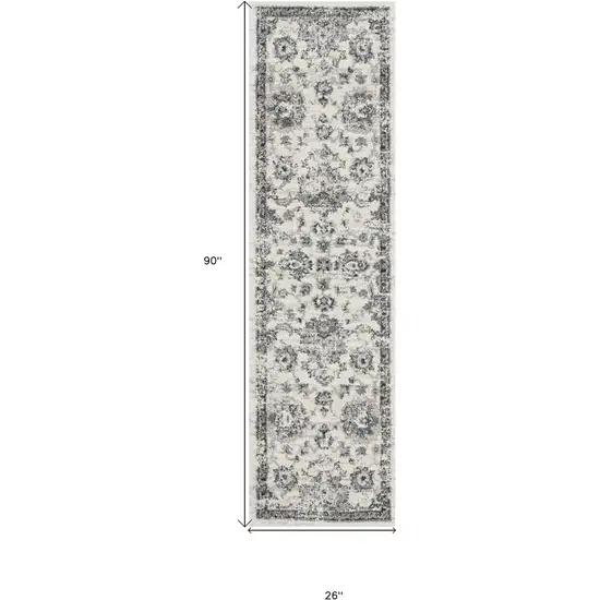 8' Cream and Gray Floral Distressed Runner Rug Photo 3