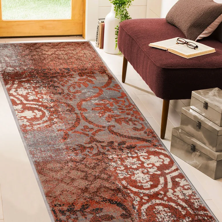 10' Damask Distressed Stain Resistant Runner Rug Photo 2