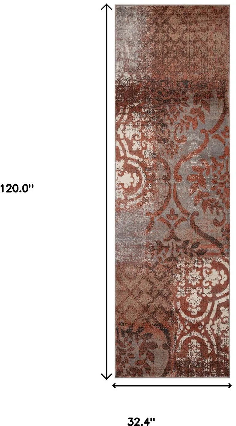 10' Damask Distressed Stain Resistant Runner Rug Photo 5