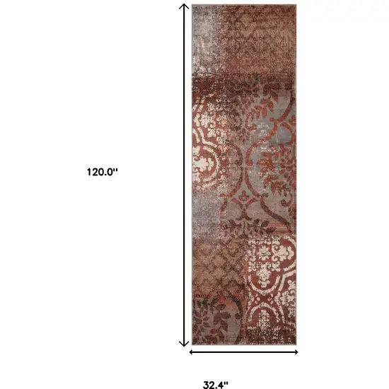 10' Damask Distressed Stain Resistant Runner Rug Photo 5