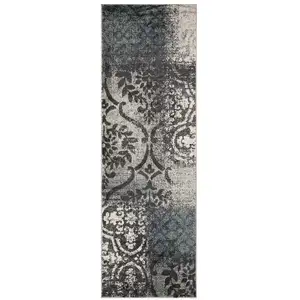 Photo of 10' Damask Distressed Stain Resistant Runner Rug