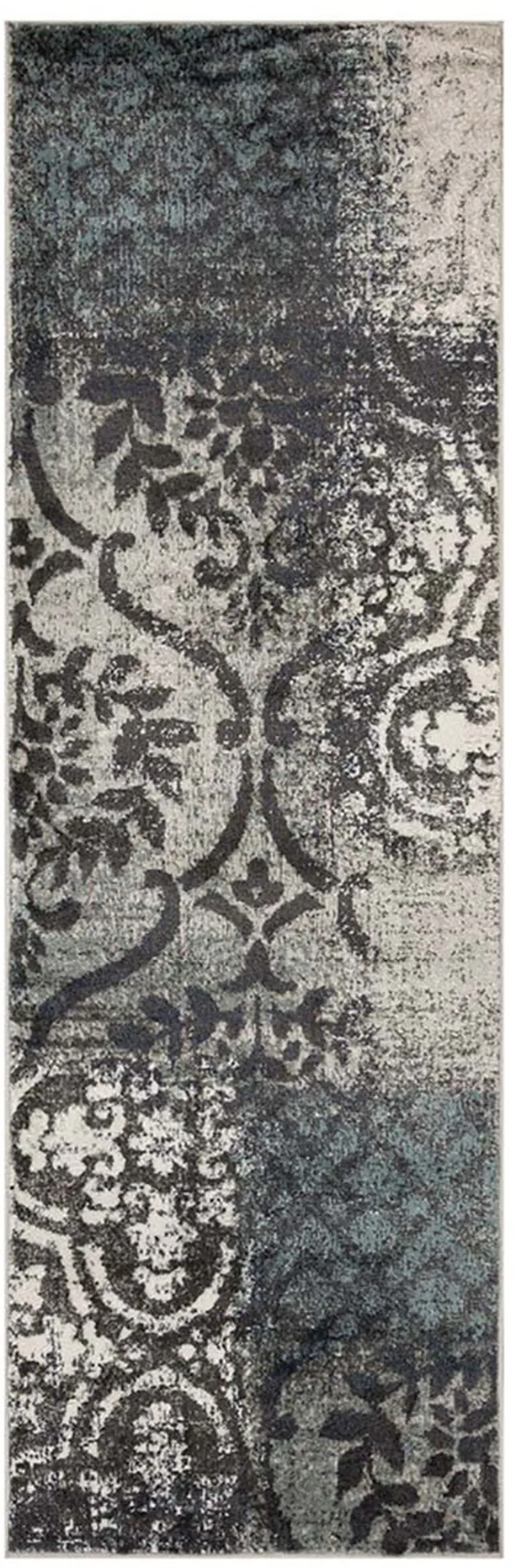 10' Damask Distressed Stain Resistant Runner Rug Photo 1