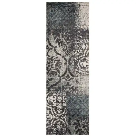 10' Damask Distressed Stain Resistant Runner Rug Photo 1