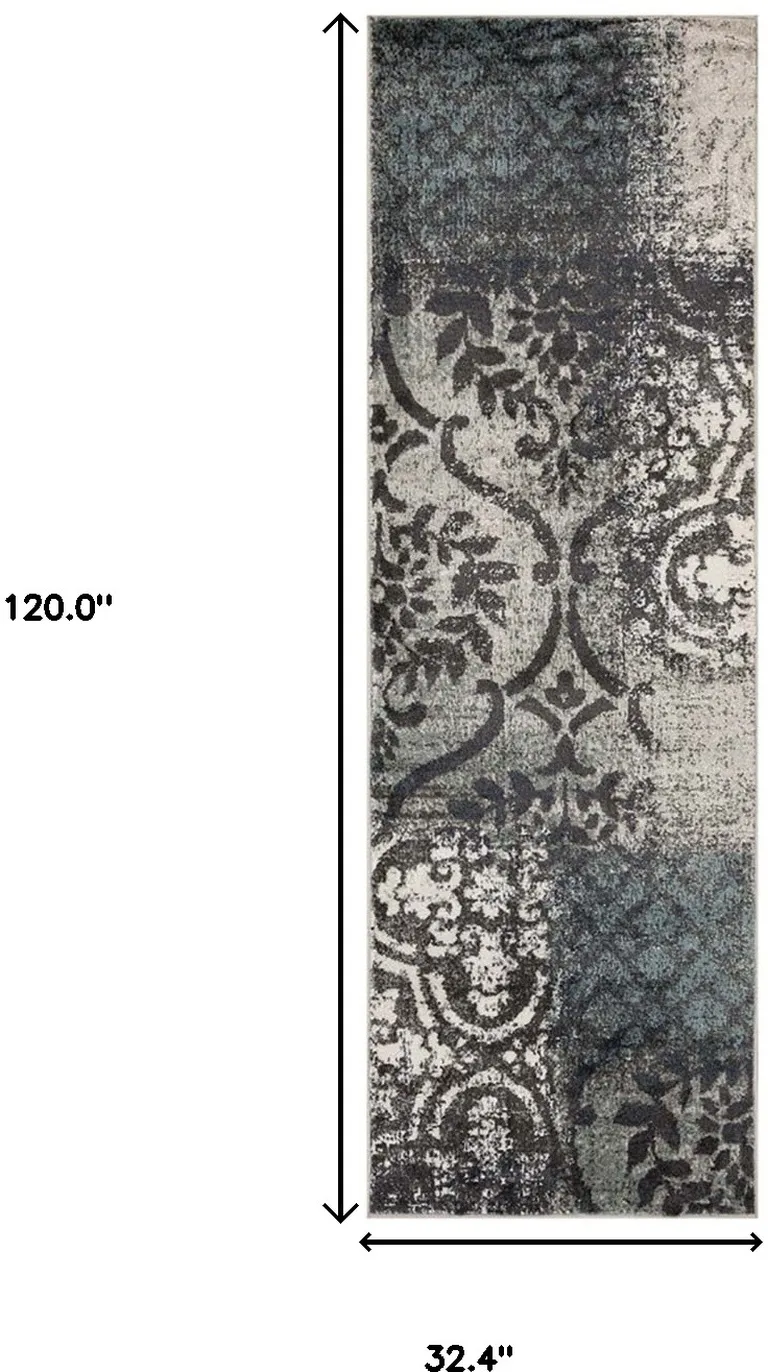 10' Damask Distressed Stain Resistant Runner Rug Photo 5