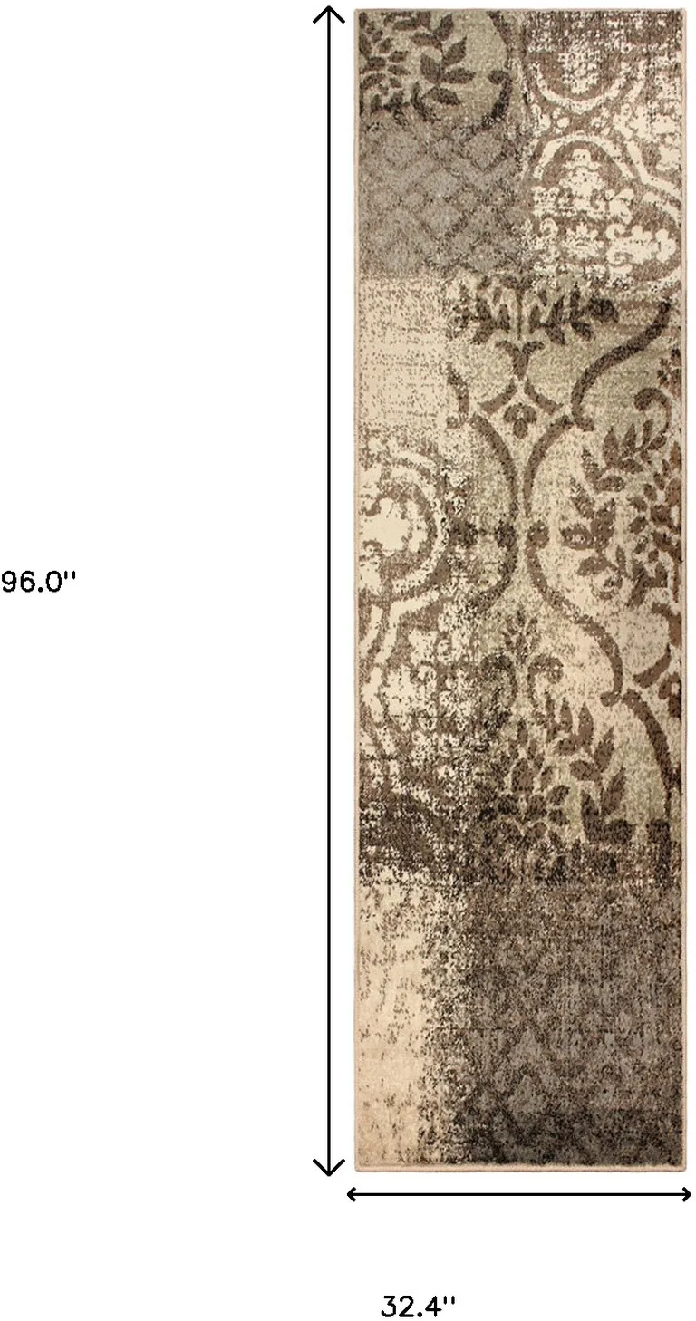 8' Damask Distressed Stain Resistant Runner Rug Photo 4