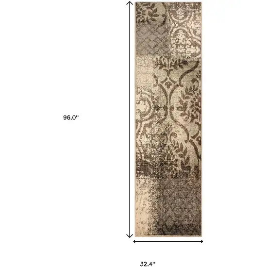 8' Damask Distressed Stain Resistant Runner Rug Photo 4