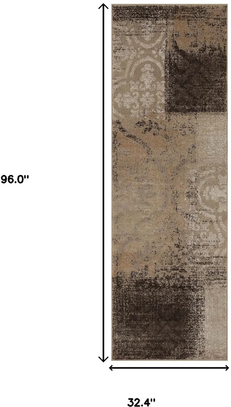 8' Damask Distressed Stain Resistant Runner Rug Photo 5