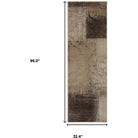 8' Damask Distressed Stain Resistant Runner Rug Photo 5