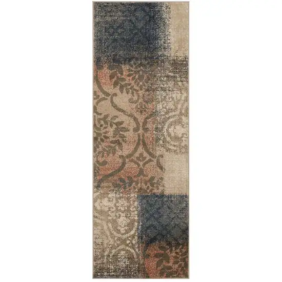 8' Damask Distressed Stain Resistant Runner Rug Photo 1