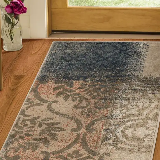 8' Damask Distressed Stain Resistant Runner Rug Photo 6