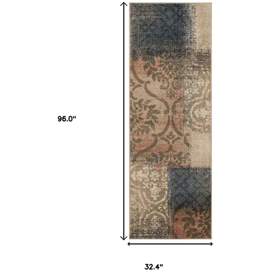 8' Damask Distressed Stain Resistant Runner Rug Photo 7