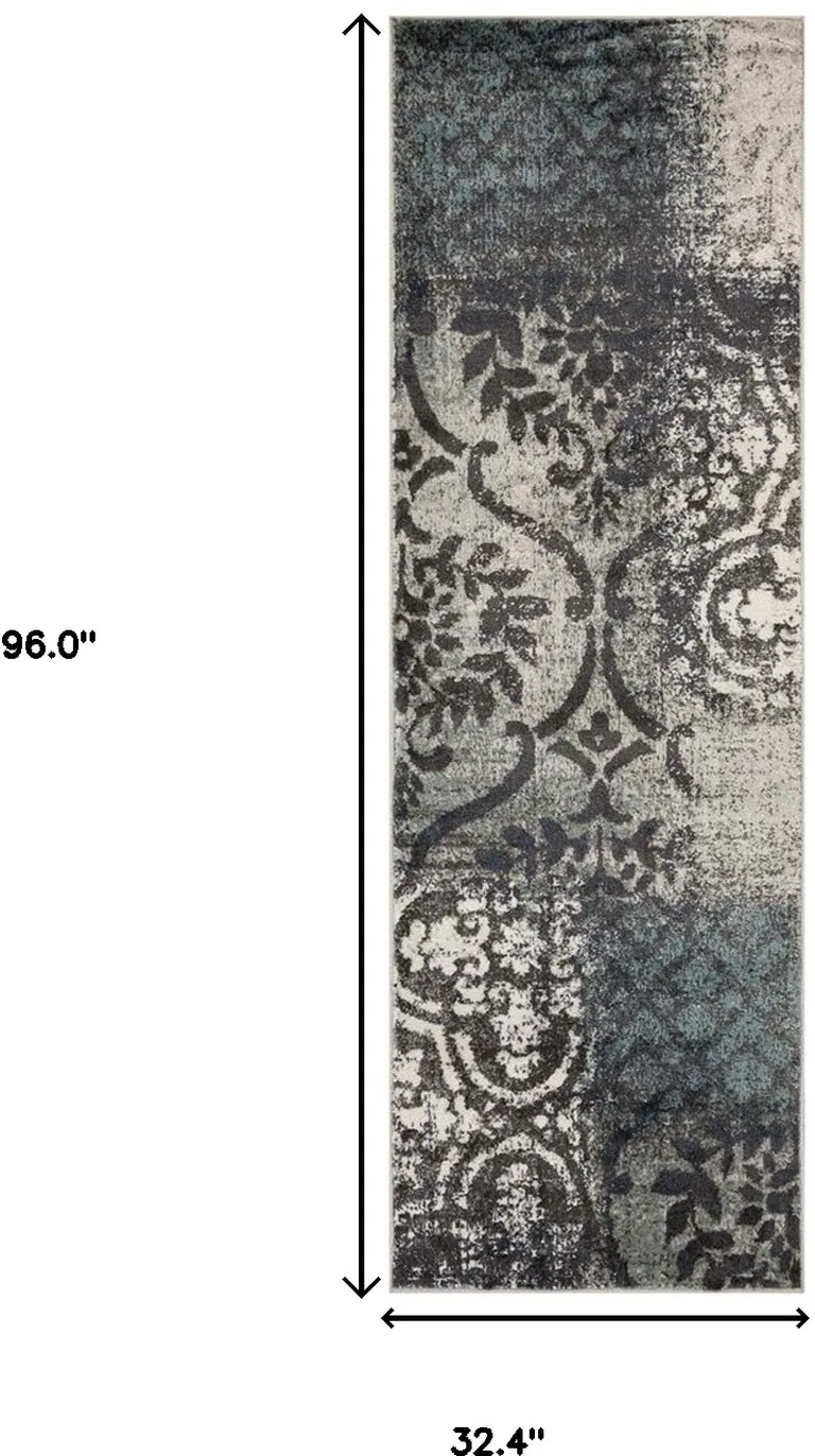 8' Damask Distressed Stain Resistant Runner Rug Photo 5