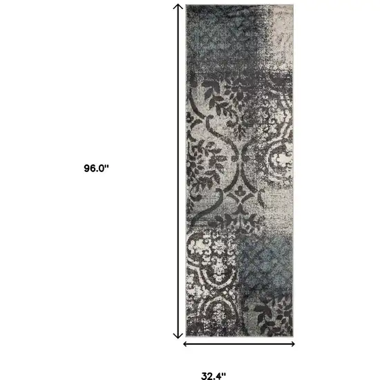 8' Damask Distressed Stain Resistant Runner Rug Photo 5