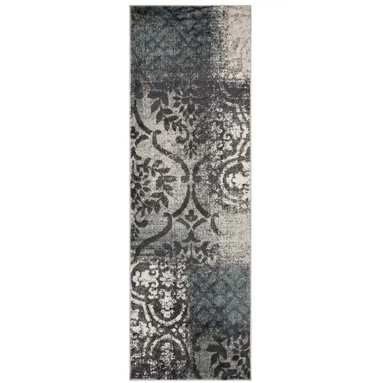 8' Damask Distressed Stain Resistant Runner Rug Photo 1