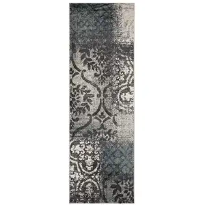 Photo of 8' Damask Distressed Stain Resistant Runner Rug