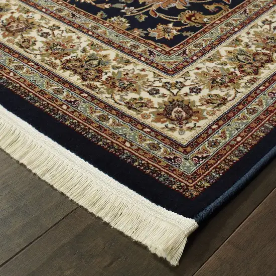 10' Dark Blue And Ivory Medallion Runner Rug With Fringe Photo 6