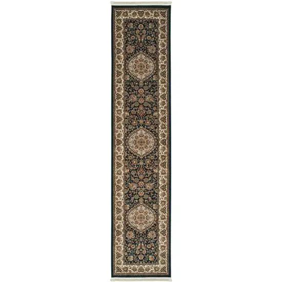 10' Dark Blue And Ivory Medallion Runner Rug With Fringe Photo 4