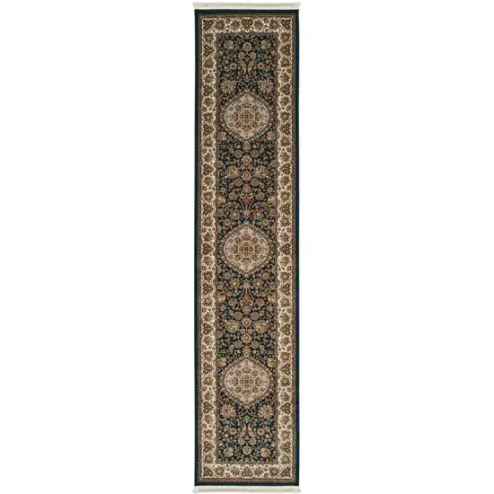 10' Dark Blue And Ivory Medallion Runner Rug With Fringe Photo 2