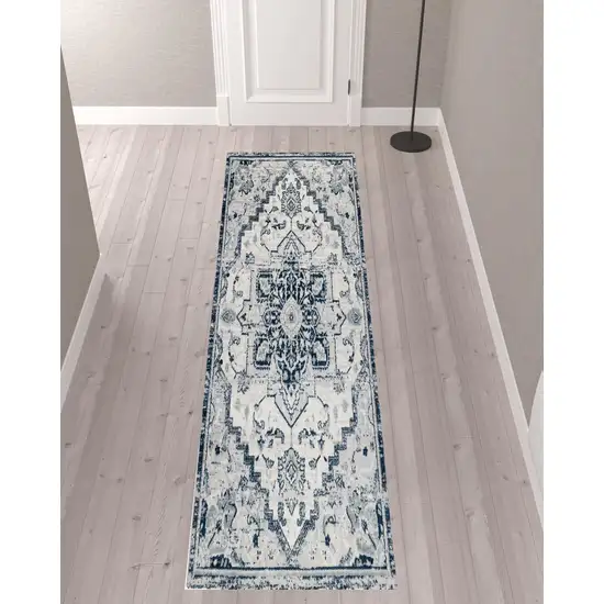 10' Dark Blue Medallion Power Loom Runner Rug Photo 1