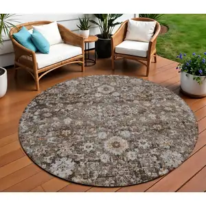 Photo of 8' Dark Brown Brown And Taupe Round Oriental Washable Indoor Outdoor Area Rug