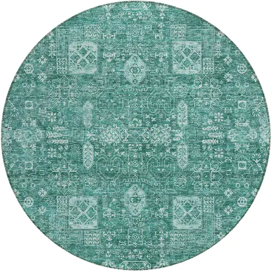 8' Dark Green And Aqua Round Oriental Washable Indoor Outdoor Area Rug Photo 2