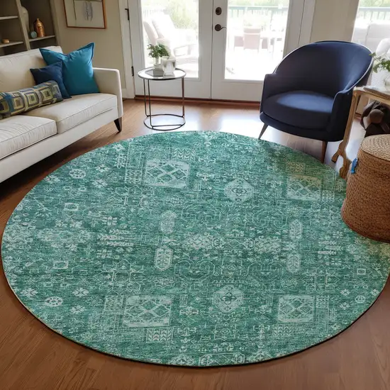 8' Dark Green And Aqua Round Oriental Washable Indoor Outdoor Area Rug Photo 9