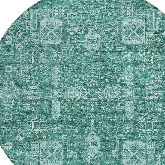 8' Dark Green And Aqua Round Oriental Washable Indoor Outdoor Area Rug Photo 6