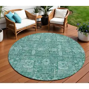 Photo of 8' Dark Green And Aqua Round Oriental Washable Indoor Outdoor Area Rug