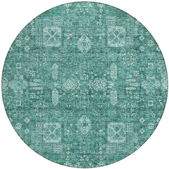 8' Dark Green And Aqua Round Oriental Washable Indoor Outdoor Area Rug Photo 7