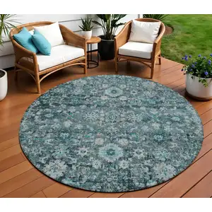 Photo of 8' Dark Green Aqua And Charcoal Round Oriental Washable Indoor Outdoor Area Rug