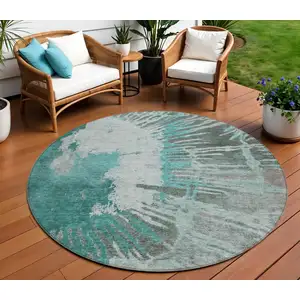 Photo of 8' Dark Green Aqua And Gray Round Abstract Washable Indoor Outdoor Area Rug