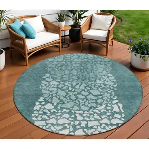 Photo of 8' Dark Green Aqua And Ivory Round Abstract Washable Indoor Outdoor Area Rug