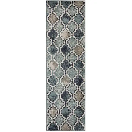 10' Deep Royal Quatrefoil Power Loom Distressed Stain Resistant Runner Rug Photo 1