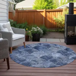 Photo of 8' Denim Blue And Gray Round Abstract Washable Indoor Outdoor Area Rug