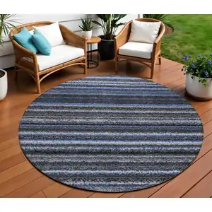 Photo of 8' Denim Blue And Gray Round Striped Washable Indoor Outdoor Area Rug