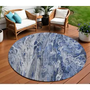 Photo of 8' Denim Blue And Navy Blue Round Abstract Washable Indoor Outdoor Area Rug