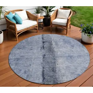 Photo of 8' Denim Blue And Navy Blue Round Abstract Washable Indoor Outdoor Area Rug